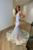 Sequins Halter V Neck Mermaid Evening Dress with Tulle BM bride
