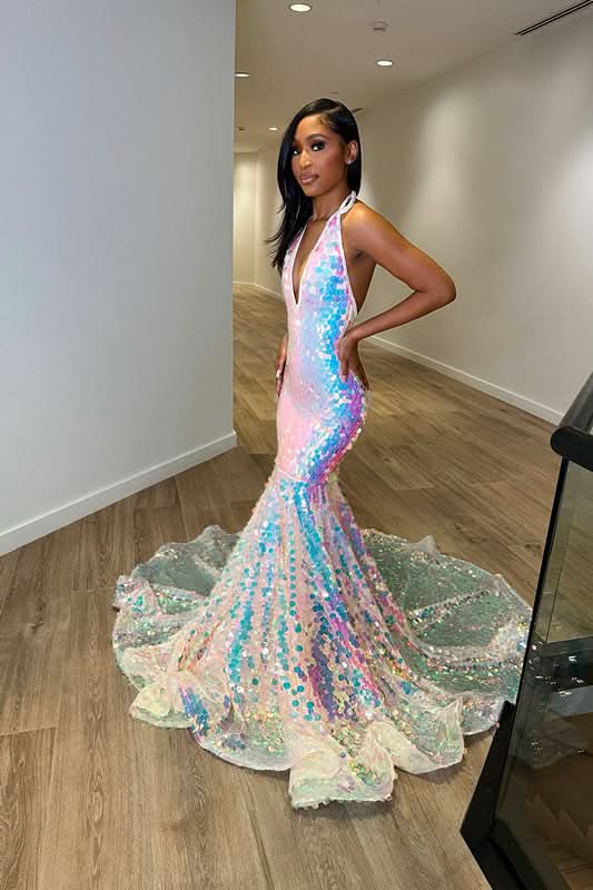 Sequins Halter V Neck Mermaid Evening Dress with Tulle BM bride