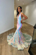 Shining Sequins Halter Deep V Neck Sleeveless Backless Long Mermaid Prom Dress