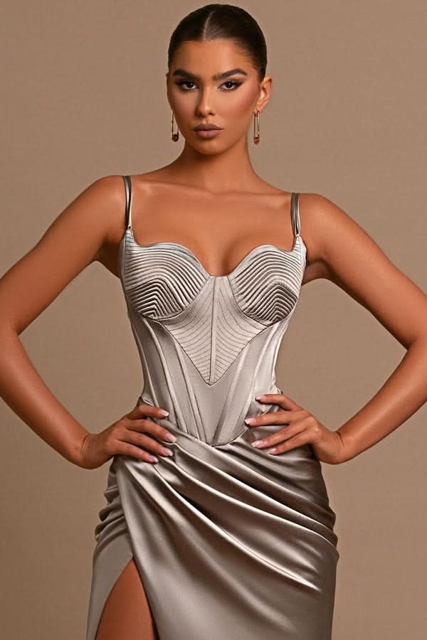 Charming Grey Evening Dress Ball Gown with Slit Pleated Spaghetti Straps BM bride