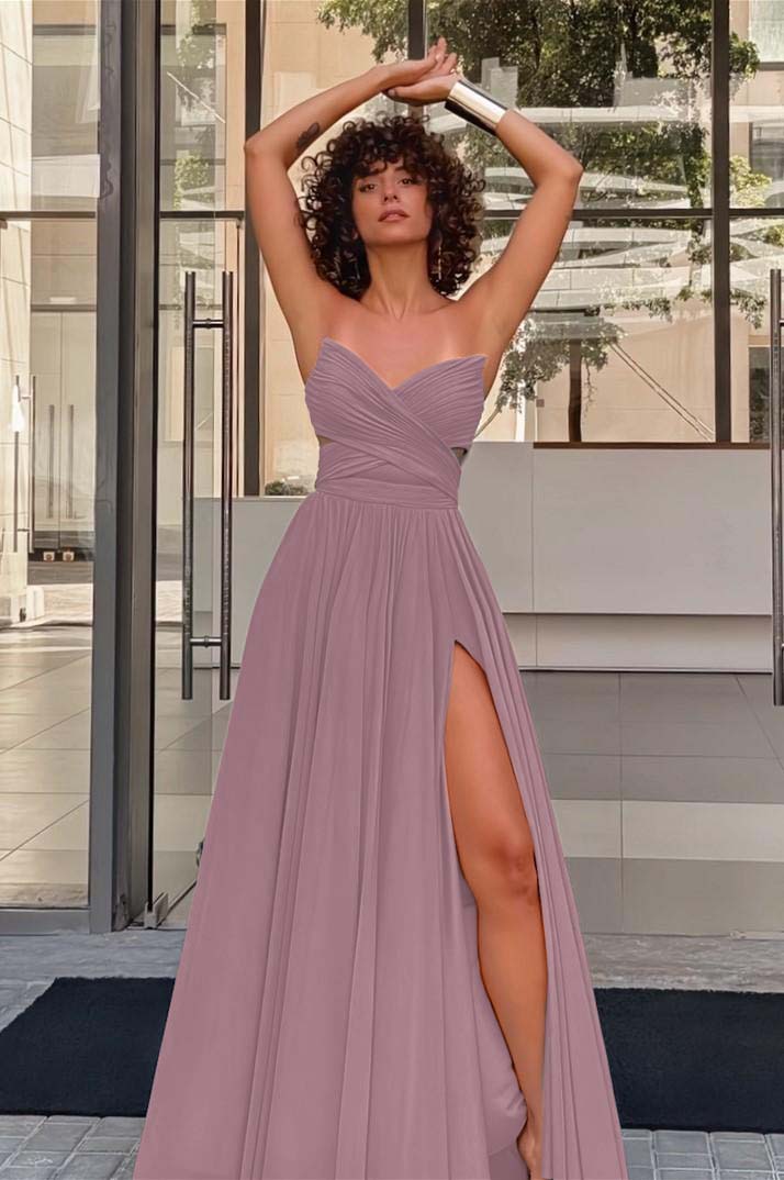 Strapless Sleeveless Long High Split Prom Dress With Pleated BMBRIDE