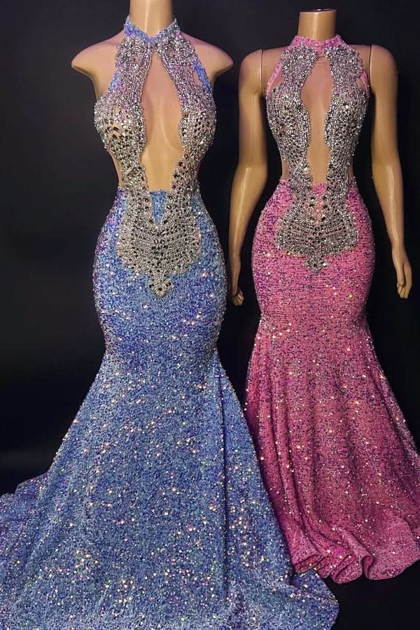 Sexy Halter Evening Dress with Beautiful Appliques and Sequins BM bride