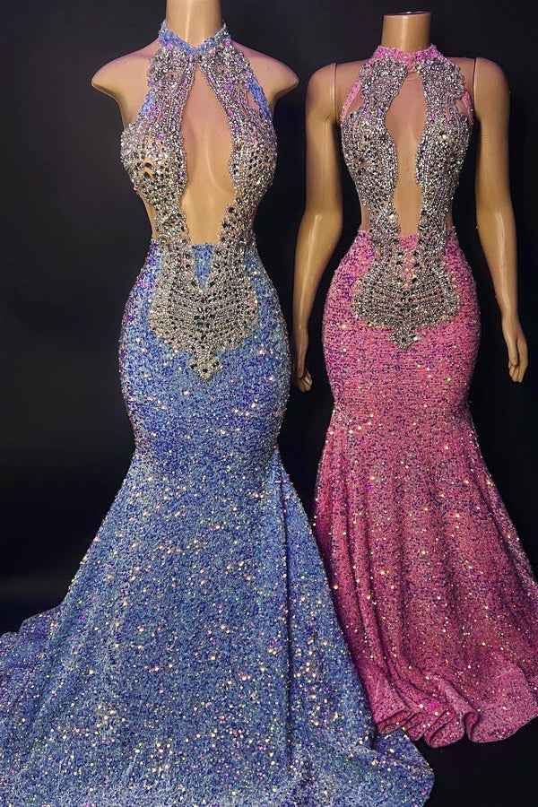 Beaded Sequins High Halter Neck Sleeveless Mermaid Prom Dress With Appliques