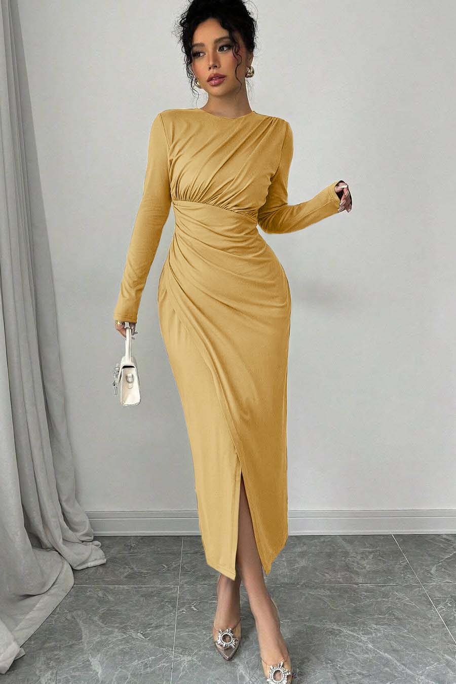 Long Sleeves Jewel Neck Tea Length Prom Dress With Split Pleated BMBRIDE