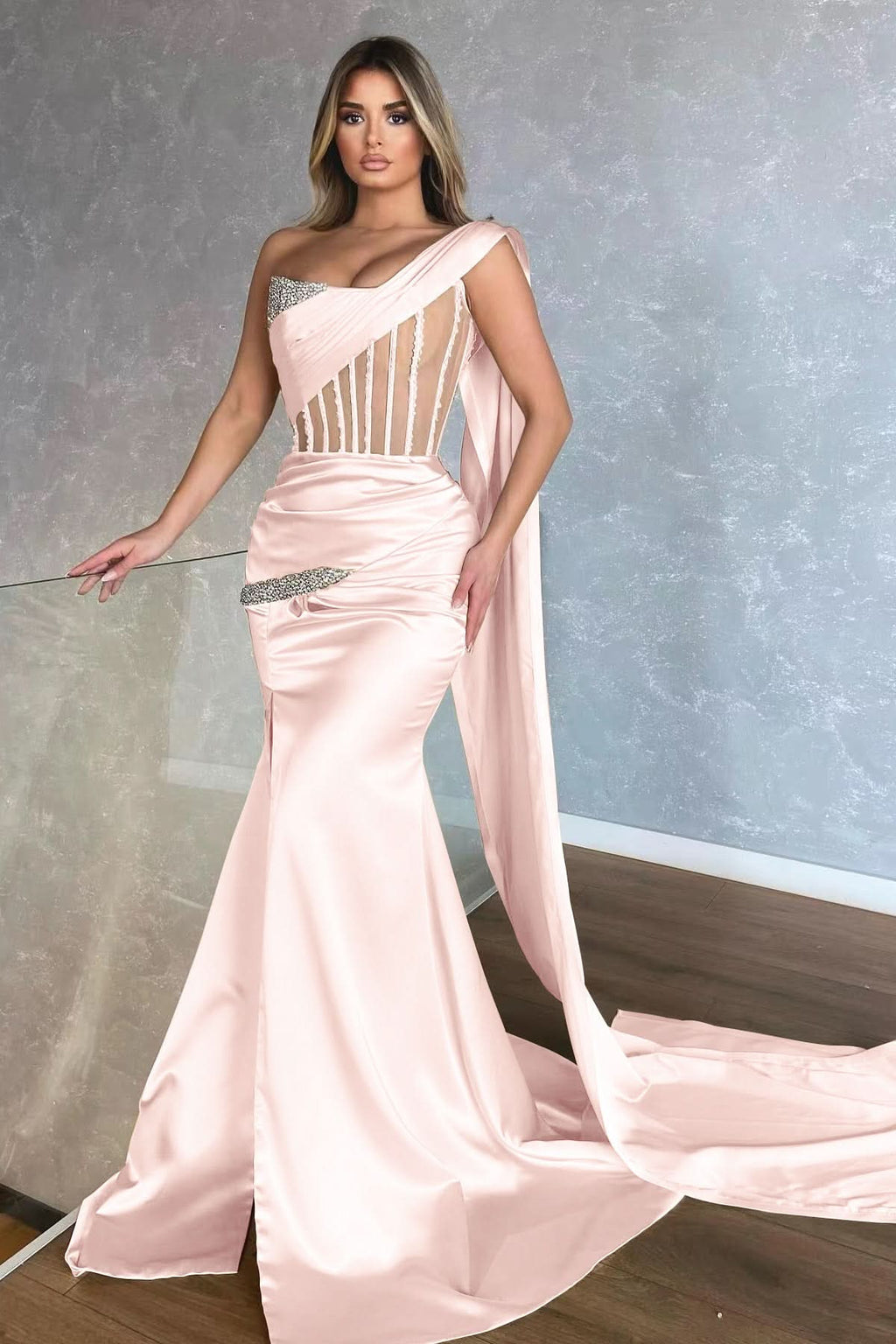 Amazing Champagne One-Shoulder Sleeveless Mermaid Prom Dress with Slit and Ruffles BM bride
