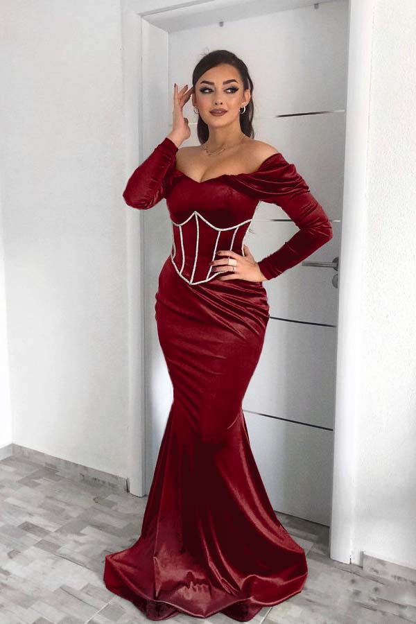 Off the Shoulder Prom Dress Dark Green Long Sleeves Mermaid BMBRIDE