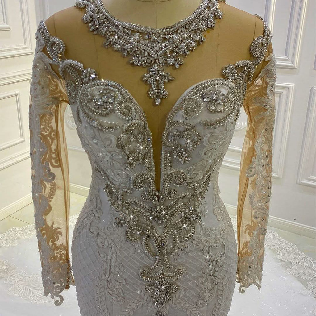 Bateau Long Sleeve Pearl and Sequin Mermaid Wedding Dress with Lace Appliques and Beadings BM bride