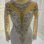 Bateau Long Sleeve Pearl and Sequin Mermaid Wedding Dress with Lace Appliques and Beadings BM bride