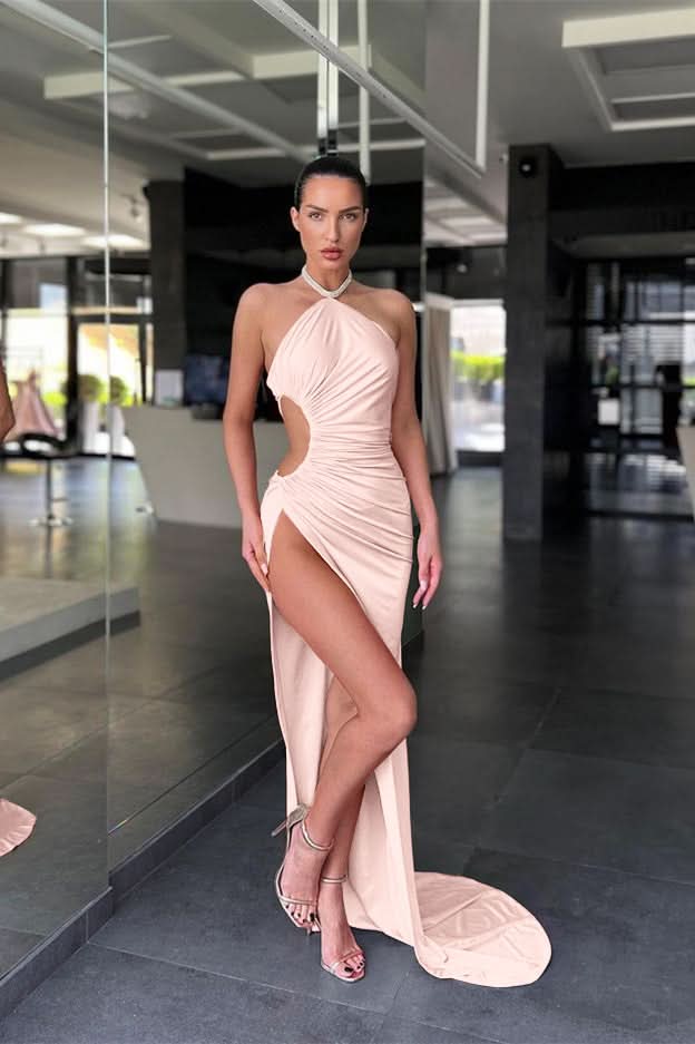 Pink Halter Sleeveless Mermaid Prom Dress with Long Split BM bride