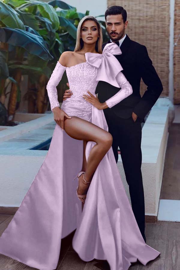 Long Sleeves Strapless Bowknot Burgundy Sequins Mermaid Prom Dress With Split BMBRIDE