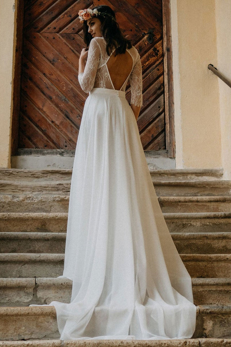 Boho Lace Chiffon Long Wedding Dress BM bride