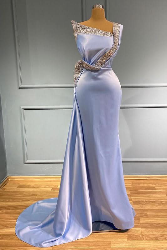 Light Blue One-Shoulder Sleeveless Mermaid Prom Dress with Beads and Ruffles BM bride