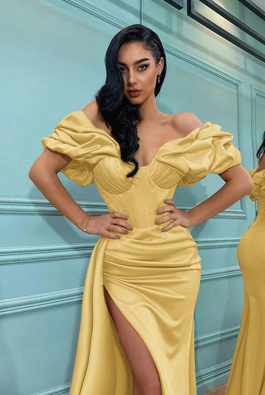 Pink Mermaid Off the Shoulder Sweetheart High Split Prom Dress With Pleated BMBRIDE