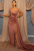 One-Shoulder V-Neck Spaghetti-Strap Beaded Mermaid Prom Dress with Ruffles and Slit BM bride