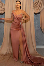Mermaid One Shoulder Spaghetti Strap Bead V Neck Split Prom Dress With Ruffles