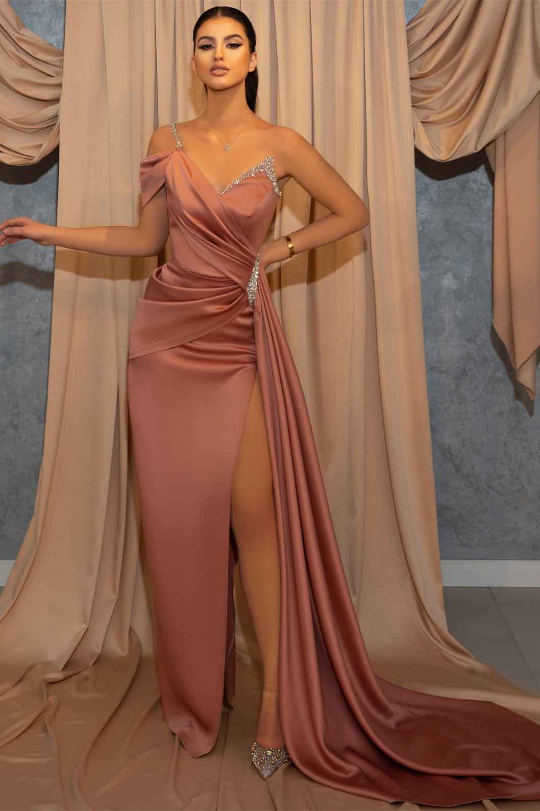 Mermaid One Shoulder Spaghetti Strap Bead V Neck Split Prom Dress With Ruffles