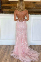Tulle Mermaid Prom Dress Spaghetti Strap Open Back With Appliques