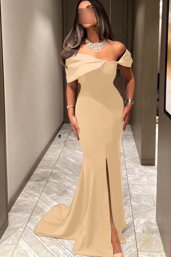 Off the Shoulder Sleeveless Long Mermaid Prom Dress With Pleated BMBRIDE