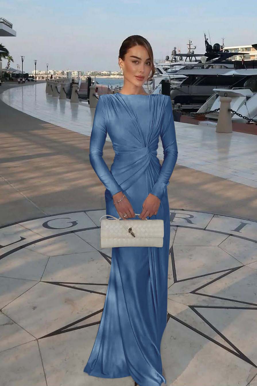 Chic Jewel Long Sleeves Mermaid Long Prom Dress With Pleated BMBRIDE