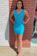 Sparkly Coral Beaded V-Neck Backless Tight Short Homecoming Dress Bmbride