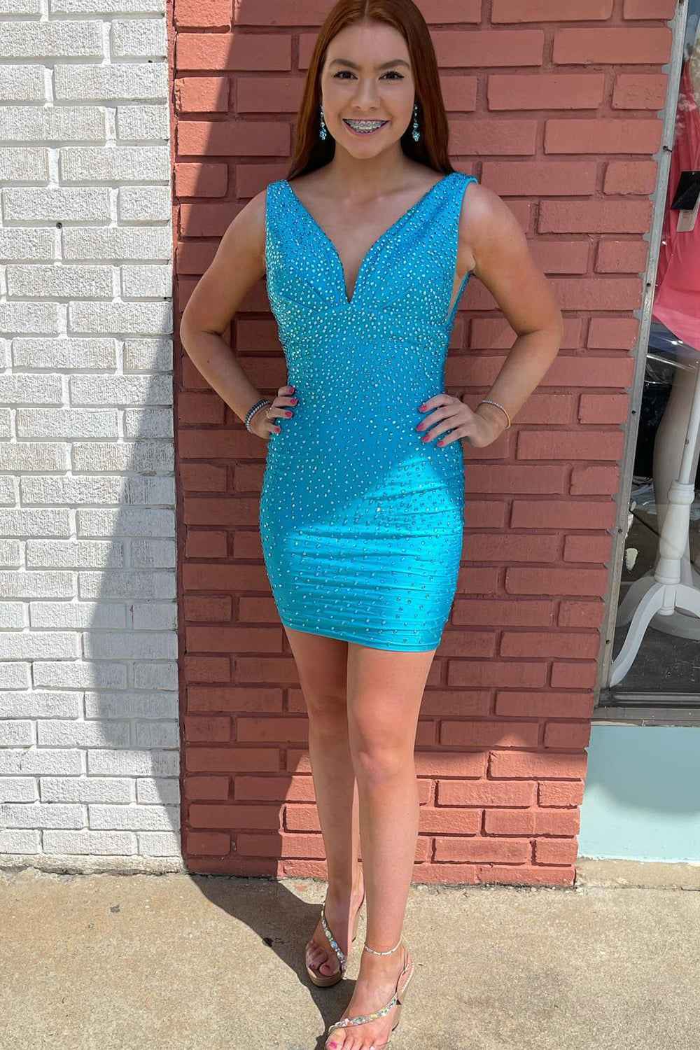 Sparkly Coral Beaded V-Neck Backless Tight Short Homecoming Dress Bmbride