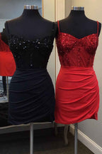 Glitter Black Corset Satin Asymmetrical Tight Short Homecoming Dress with Sequins Bmbride