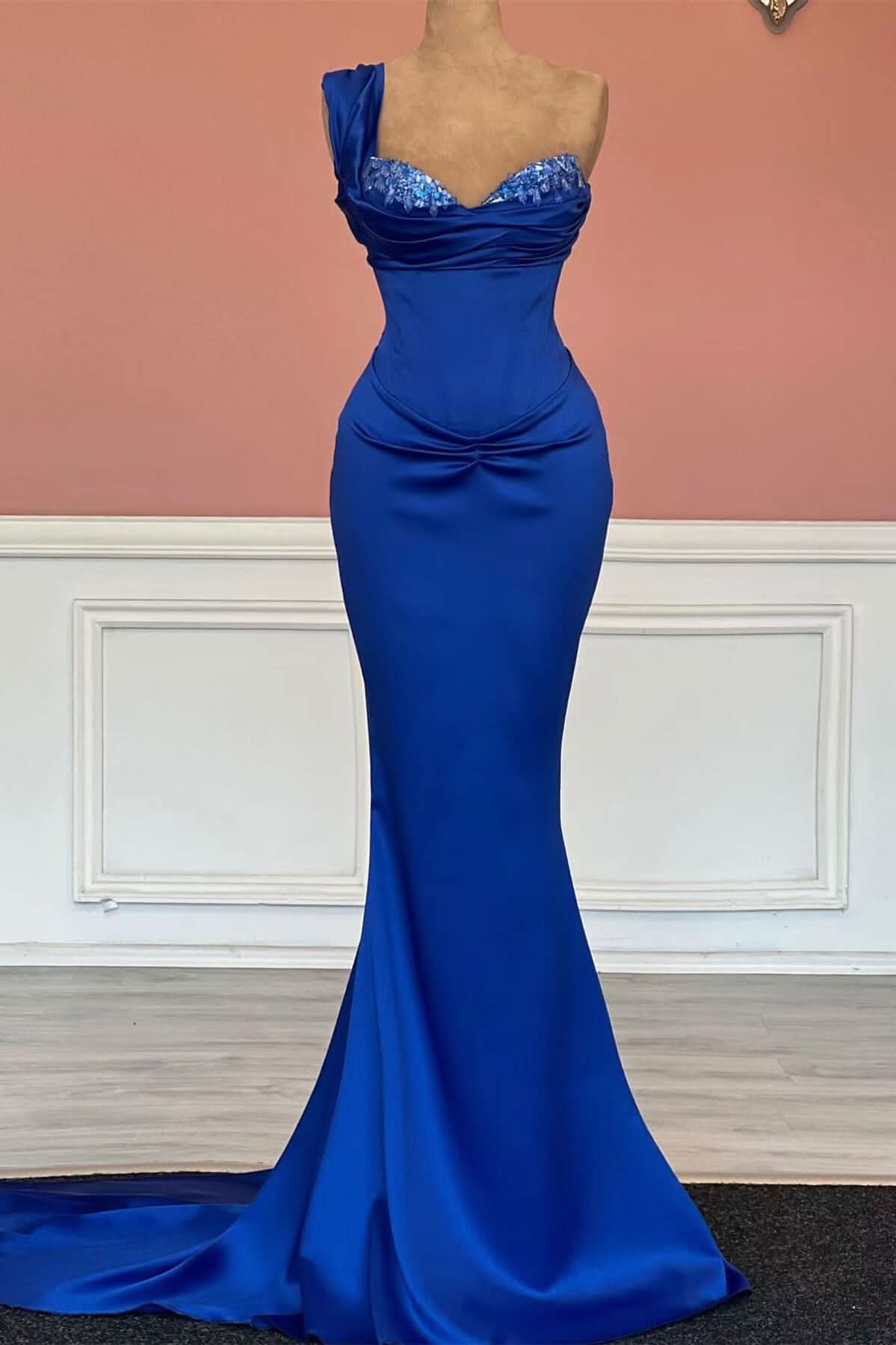 Royal Blue One-Shoulder Long Sweetheart Mermaid Prom Dress with Sequins BM bride
