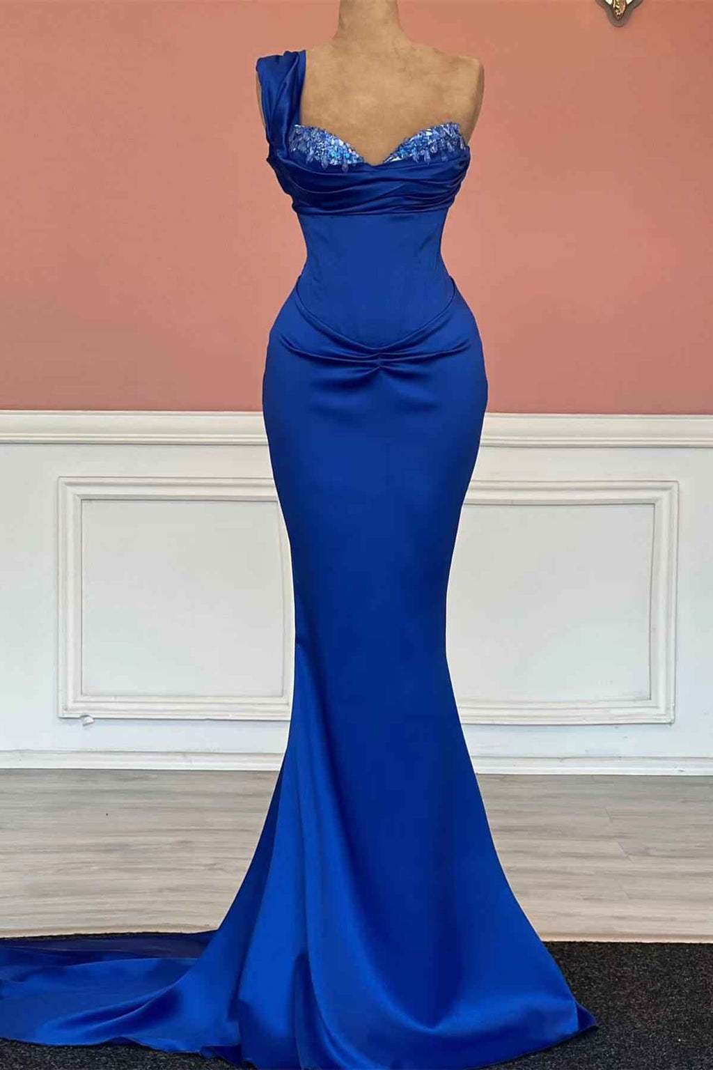 Royal Blue Long Mermaid Sweetheart One Shoulder Prom Dress With Sequins