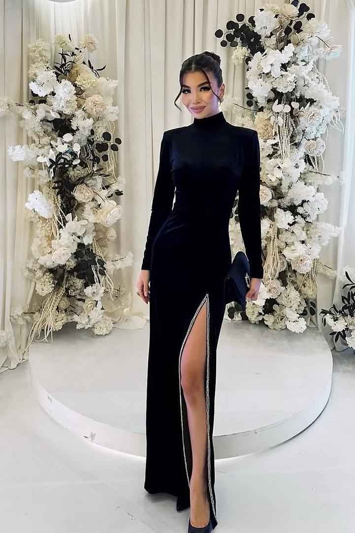 High Neck Long Sleeves Long Split Prom Dress With Pleated Sequins
