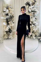 High Neck Long Sleeves Long Split Prom Dress With Pleated Sequins