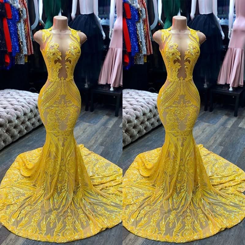 Yellow Sequins Mermaid Prom Dress Sleeveless BM bride