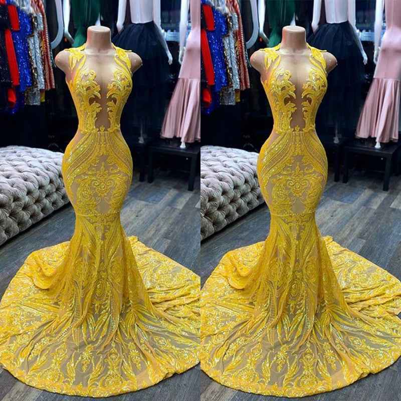 Stunning Mermaid Yellow Sequins Long Prom Dress Sleeveless With Appliques