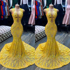 Stunning Mermaid Yellow Sequins Long Prom Dress Sleeveless With Appliques