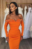 Modern Orange Off-The-Shoulder Long Sleeves Strapless Mermaid Prom Dress with Sequins BM bride