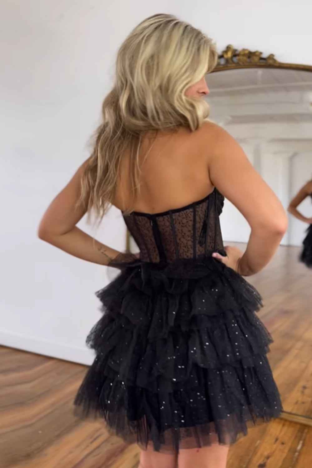 Sparkly Black Corset Tiered A-Line Tulle Short Homecoming Dress Bmbride