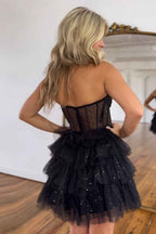 Sparkly Black Corset Tiered A-Line Tulle Short Homecoming Dress Bmbride
