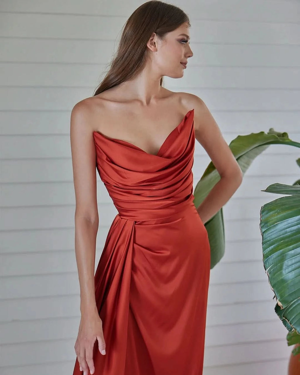 Red Strapless Prom Dress with Pleated Split Mermaid Design BM bride