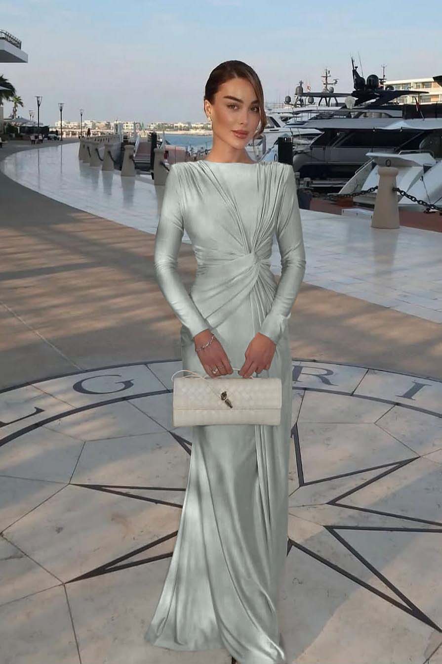 Chic Jewel Long Sleeves Mermaid Long Prom Dress With Pleated BMBRIDE