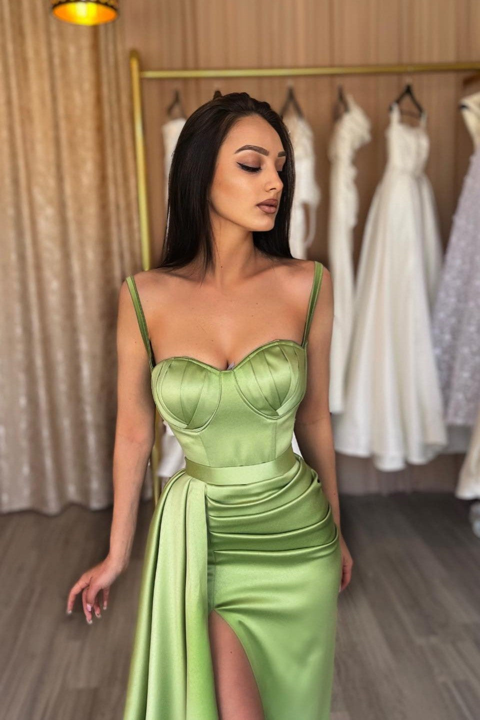 Sage Spaghetti-Strap Sweetheart Mermaid Evening Dress with Split BM bride