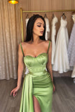 Sage Spaghetti-Strap Sweetheart Mermaid Evening Dress with Split BM bride