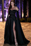 Black Off the Shoulder Sleeveless Split Long Ruffles Prom Dress