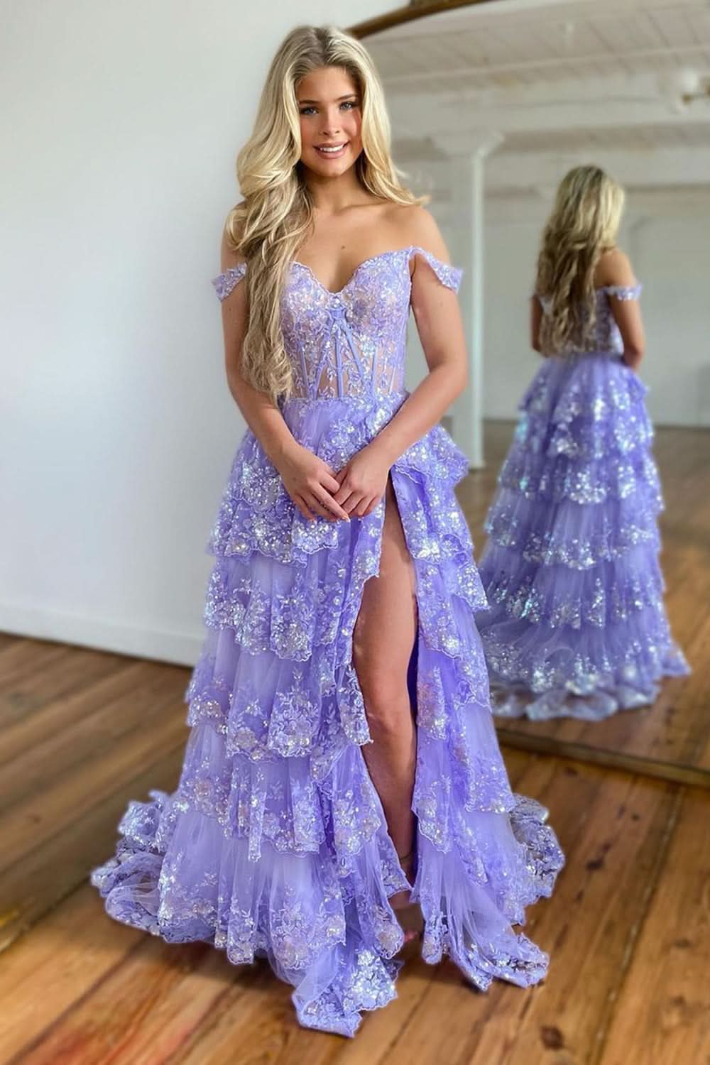 Princess A-Line Off-the-Shoulder Corset Prom Dress with Beautiful Lace Ruffles BM bride