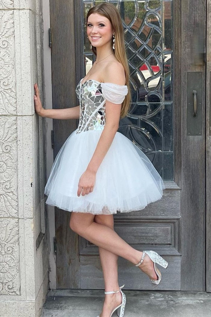 Elegant Off-the-Shoulder White Short Party Dress with Cut Glass Mirrors BM bride