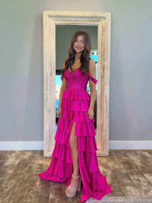 A Line Off the Shoulder Tiered Beaded Prom Dress with Slit BMBRIDE