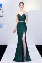Dark Navy Sequins V Neck Sleeveless Spaghetti Strap Long Mermaid Prom Dress With Split