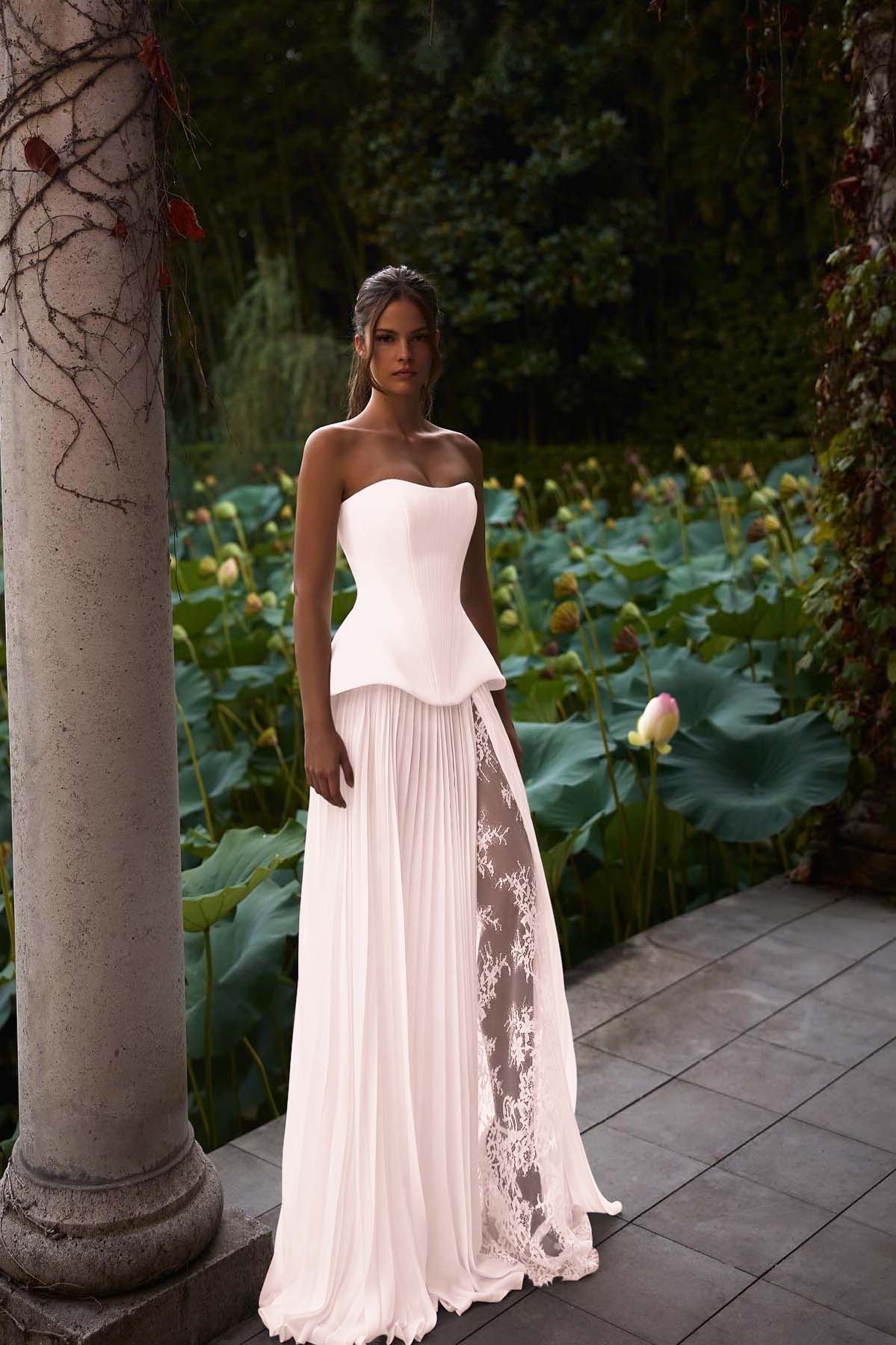 Strapless Sleeveless Long Prom Dress With Pleated Split Appliques BMBRIDE
