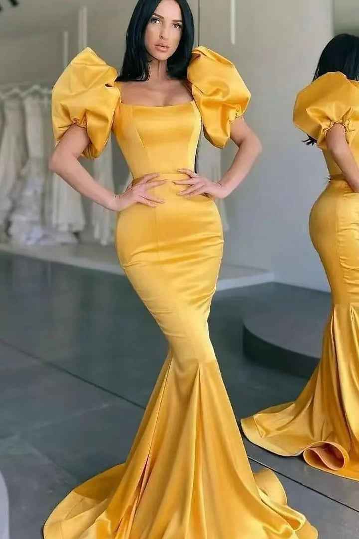 Yellow Square Bubble Sleeves Mermaid Long Prom Dress With Pleated