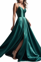 Charmeuse Green Spaghetti-Strap Simple Prom Dress with Slit BM bride