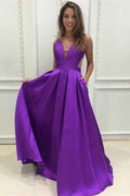 Chic V Neck Purple Sleeveless Backless A-Line Long Prom Dress With Pockets