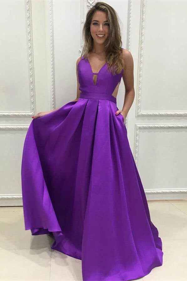 Chic V Neck Purple Sleeveless Backless A-Line Long Prom Dress With Pockets